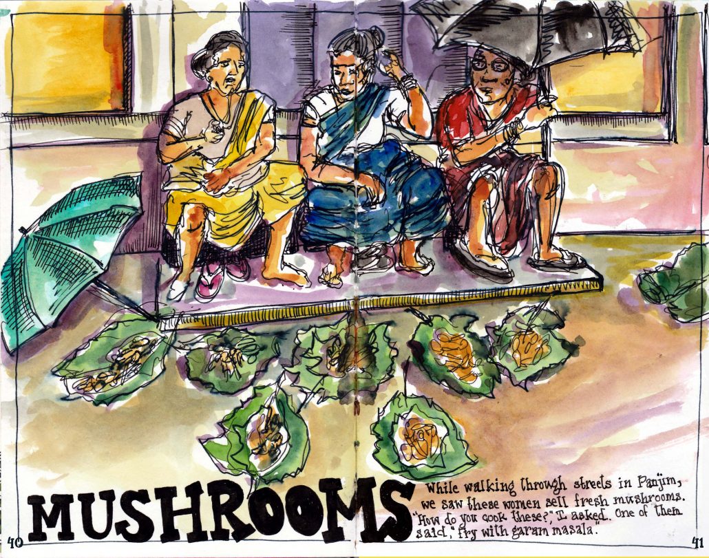 Food art depicting women selling mushrooms in Goa. 