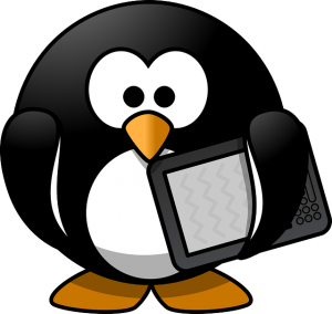 This shows a penguin holding an e-reader thus demonstrating that e-readers now have increased acceptability amongst children and younger readers as well.